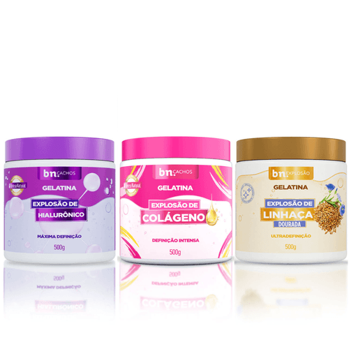 Kit Explosão de Gelatinas Colágeno + Linhaça Dourada + Hialurônico (3 itens) | bn.Cachos Kit Explosão de Gelatinas Colágeno + Linhaça Dourada + Hialurônico (3 itens) | bn.Cachos